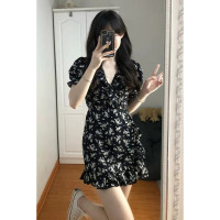 【美伊朵黑色碎花连衣裙女夏季V领收腰显瘦小个子一片式裹身短裙