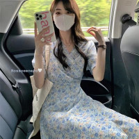 法式初恋桔梗v领连衣裙女夏新款高级感小清新奶甜超仙碎花长裙子