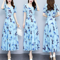 2023夏季新款高档碎花雪纺连衣裙长款大码胖mm收腰显瘦遮肚子长裙