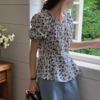 十三行清仓不退不换夏款复古一字肩碎花衬衫韩版泡泡袖上衣Y056