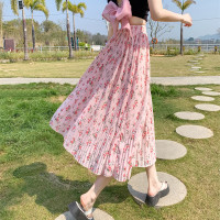 模特实拍田园清新碎花百褶裙中长款褶皱半身裙甜美雪纺女裙子夏季