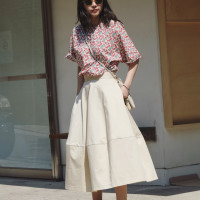 卢浮夏季新复古气质高腰蓬蓬裙A字大摆裙伞裙中长款半身裙裙子女