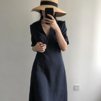 卢浮夏新款韩国简约优雅V领小性感泡泡袖短袖连衣裙高腰品质女