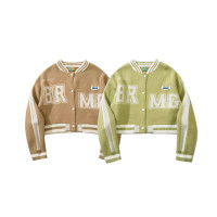 简约字母提花短款针织开衫女装棒球领秋季休闲羊毛衫毛衣潮牌女衣