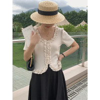 木耳花边圆领下摆开叉竖坑条短款针织衫夏修身短袖套头纯色上衣女