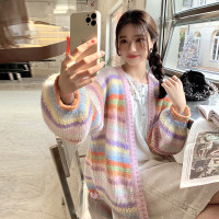 彩虹条纹马海毛针织开衫长款宽松慵懒风外搭早春毛衣外套女软糯风