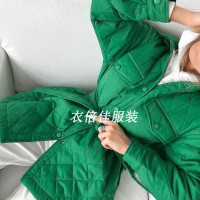 长款排扣翻领宽松保暖菱格棉服新款2022秋冬百搭加厚棉衣女欧美