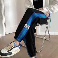 运动裤女2023春秋新款松紧腰大码宽松束脚休闲拼接哈伦彩虹裤批发