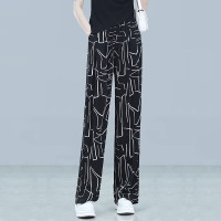 高腰阔腿裤女夏薄款花纹垂感直筒裤2023新款韩版休闲宽松拖地裤子