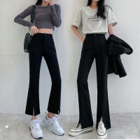 秋冬新款垂感锦棉休闲裤大码显瘦高腰黑色小个子拖地开叉喇叭裤女