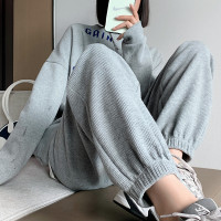 华夫格运动裤女2023春秋新款宽松束脚加绒卫裤高腰显瘦哈伦休闲裤
