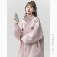櫻花粉外套女刺繡設計感小眾拼接解構上衣春秋立領美式棒球服夾克