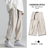 工裝褲男潮牌直筒寬鬆夏季薄款男褲子闊腿休閒褲九分褲抽繩束口褲