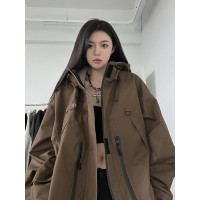 深咖色桑延同款衝鋒衣夾克女春秋連帽工裝戶外機能風外套oversize