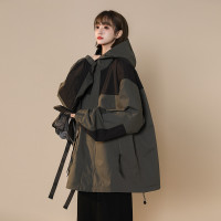 拼接撞色連帽衝鋒衣外套女春季胖mm寬鬆復古中性街頭潮牌工裝夾克