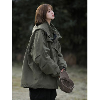 美式機能山系衝鋒衣三合一軍綠色搖粒絨外套女秋冬款加厚工裝夾克