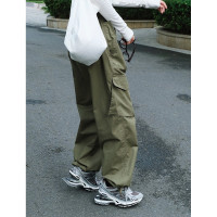 春季新款日系街头松紧抽绳工装裤宽松显瘦高腰束脚直筒休闲长裤女