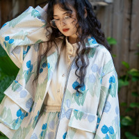 PINKWINK原創自制 秋季鬱金香印花燈籠袖寬鬆夾克復古短外套女