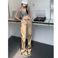 狸舍#美式街头休闲裤女高腰宽松直筒裤子女设计感白边腰头ins潮流