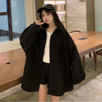 黑色襯衫外套女設計感小眾寬鬆bf慵懶風中長版工裝襯衣春秋季上衣