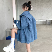藍色華夫格連帽外套女春秋季百搭寬鬆bf風中長版休閒夾克oversize