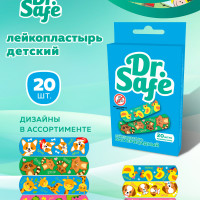 Лейкопластырь DR.SAFE (набор), пластырь бактерицидный детский ANIMAL 20 штук (1,6х5,7см - 8 шт.; 1,9х7,2см - 12 шт.)