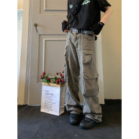 NECOYEP 2023春夏休閒褲設計感多口袋直筒長褲工裝褲男女休閒長褲