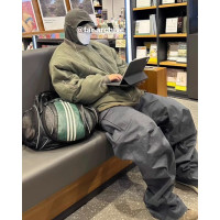 Kick Cargo膝蓋褶皺廓形立體剪裁黑色大口袋工裝褲男潮牌寬鬆長褲