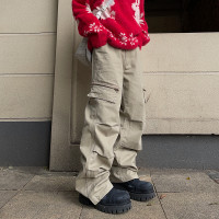 FATEEGG美式復古拉鍊多口袋工裝褲男卡其色高街寬鬆直筒休閒長褲