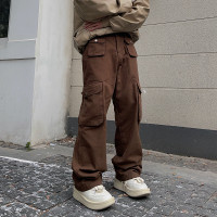FATEEGG高街褲子休閒嘻哈潮牌多口袋寬鬆直筒復古美式棕色工裝褲