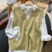 绵羊毛包芯纱の软糯厚实大V领宽松无袖针织毛衣背心马甲女中长款~