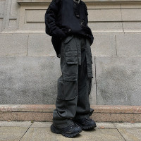 美式復古多口袋水洗做舊工裝褲寬鬆直筒闊腿潮牌男女休閒高街長褲