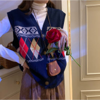 秋季新款复古撞色菱格针织开衫V领毛衣宽松女士坎肩背心马甲女