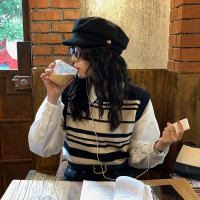 薇颂 条纹撞色针织马甲2023秋季新款韩版圆领弹力无袖背心叠穿潮