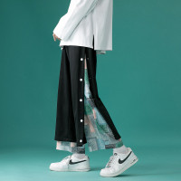 腰果花拼接休閒男潮牌寬鬆潮流痞帥長褲假兩件運動排扣褲子男高街
