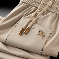 輕奢歐貨冰絲薄款休閒褲夏季戰馬男士修身束腳卡其色運動厚棉褲子潮