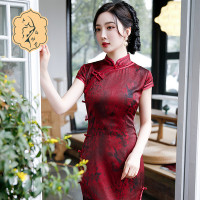 2021新款时尚女士年轻长款旗袍短袖收腰包臀斜襟立领改良版C1040