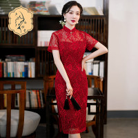 时尚亮片修身蕾丝红色旗袍气质刺绣晚礼服新娘敬酒连衣裙夏B1021