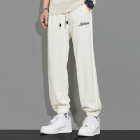 褲子男士休閒長褲夏季垂感重磅華夫格衛褲米白色寬鬆束腳運動褲子