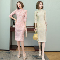 中长款蕾丝日常旗袍2023秋冬新款改良清新少女七分袖中国风连衣裙