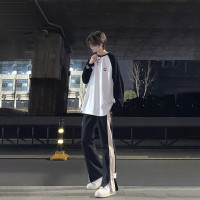 美式vibe褲子男小眾設計感拼接條紋衛褲加長高個子直筒修身微喇叭褲