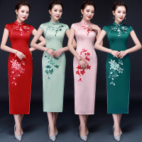 绣花烫钻长款旗袍2023春夏新款时尚大码日常走秀宴会演出修身旗袍