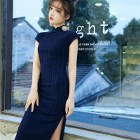 2023春夏新款胖胖沙弹力中长棉麻旗袍连衣裙 修身显瘦气质旗袍裙