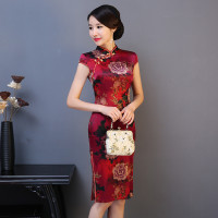 新款时尚立领低开衩真丝旗袍 2022夏季复古中式桑蚕丝修身旗袍裙