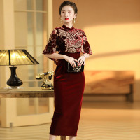 烧花松鹤斗篷拼接修身改良旗袍长款丝绒旗袍裙春秋复古国潮女装