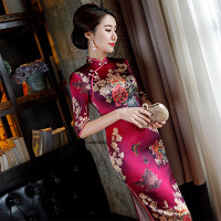 巧祺2021夏季新品长款真丝旗袍妈妈修身显瘦定位花七分袖中式礼服