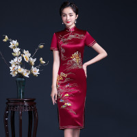 旗袍2021新款 中年婚庆年轻修身妈妈装连衣裙 婚宴刺绣礼服 旗袍