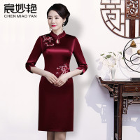 醋酸红色结婚礼服改良版旗袍连衣裙女成人中长款妈妈装春装洋气
