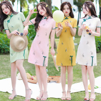 弹力棉绣花短款日常旗袍2023年轻款旗袍修身演出少女款清新小短裙