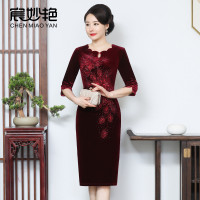 妈妈装春装新款金丝绒旗袍改良版连衣裙复古中国风中老年女装礼服
